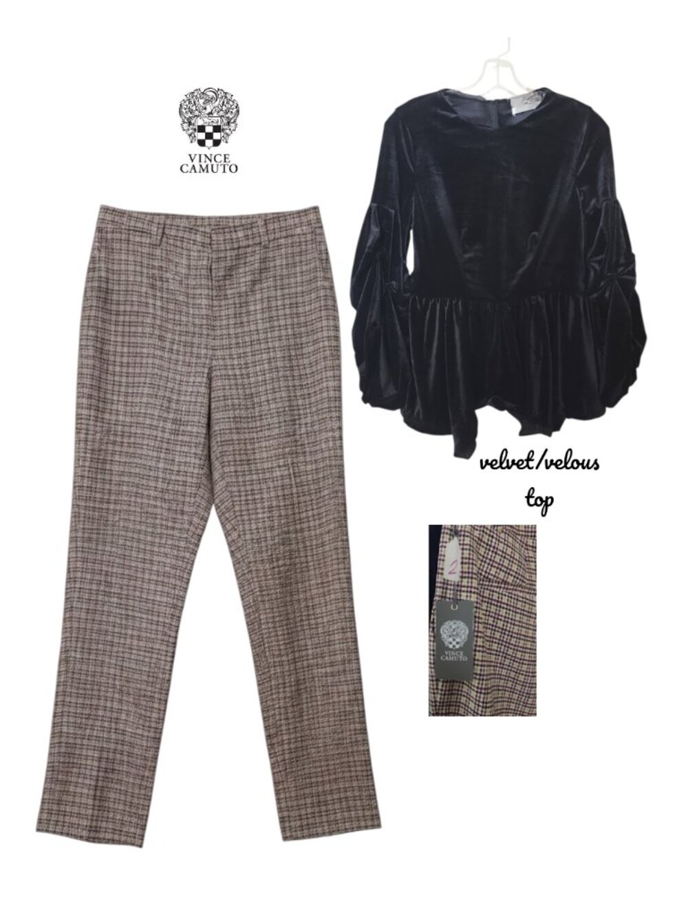 Vince Camuto Beige and Black Checked High-Waist Pants & Victorian Velvet Blouse